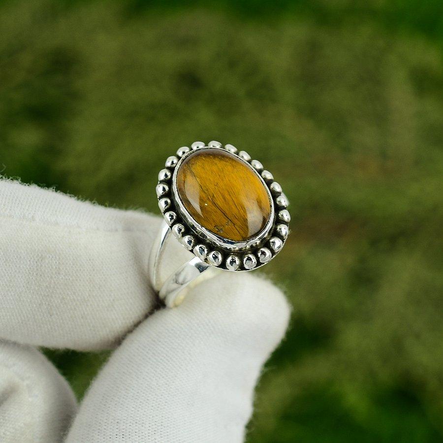 Gift For Her 925 Sterling Silver Natural Tiger Eye Gemstone Promise Ring Size 7 7