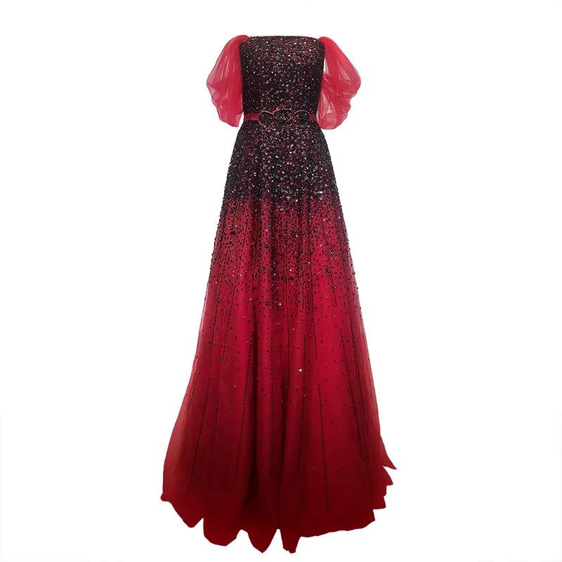 Burgundy elegant one-word shoulder straps A-word evening dress celebrity temperament wedding bridesmaid dress LA11119