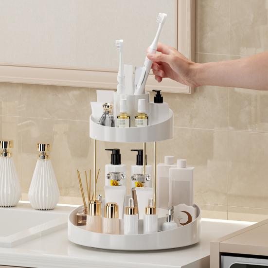 Makeup Perfume Cosmetic Organizer Skincare Rotating Vanity Separated Compartments 2 Tier Spinning Display