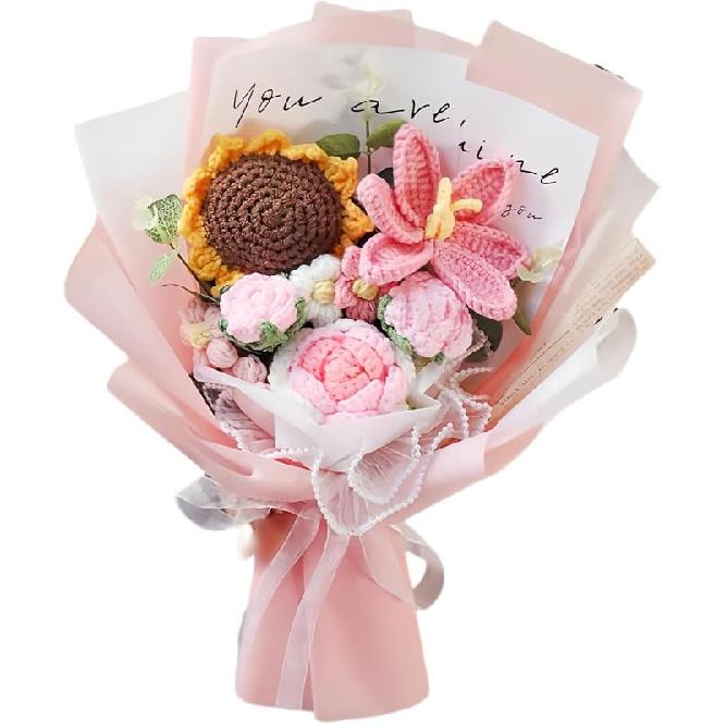 LOEVEN Crochet Flowers, Crochet Flower Bouquet, Sunflower, Handmade Flowers, Knitted Flowers, Pink Roses, Carnation, Tulip, Preserved Flower for розовый