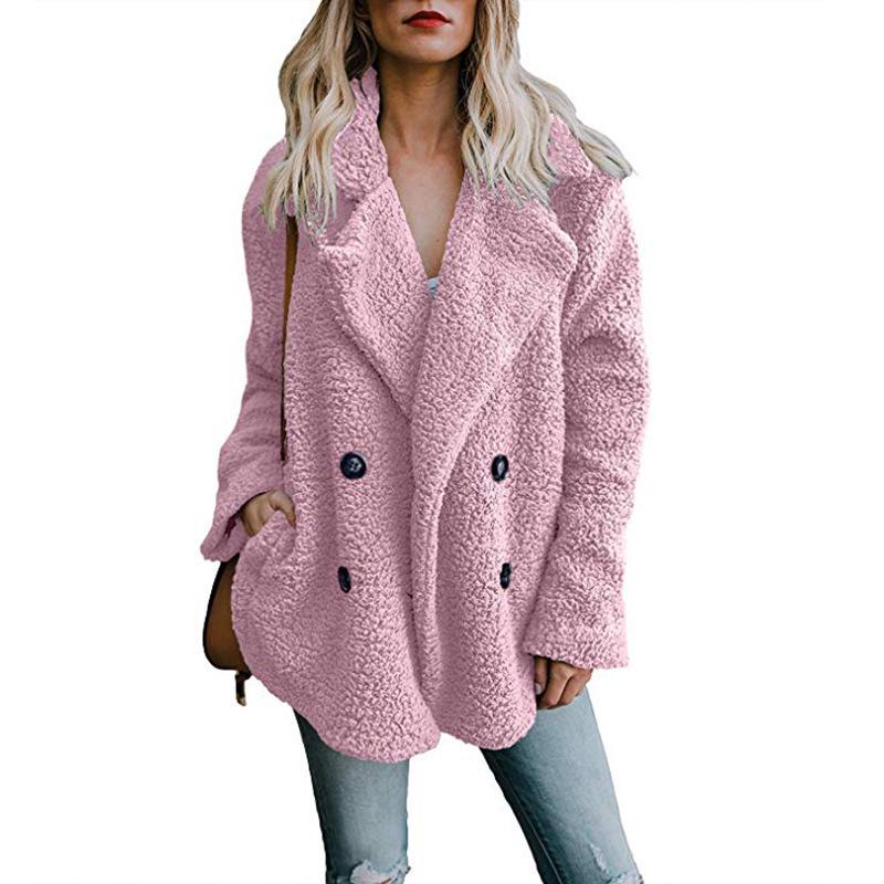 Women's Plush Button Up Lapel Pocket Jacket Autumn Winter Warm Faux Fur Coat Artificial Fluffy Fleece Optional Plus Size Jacket Female Clothing