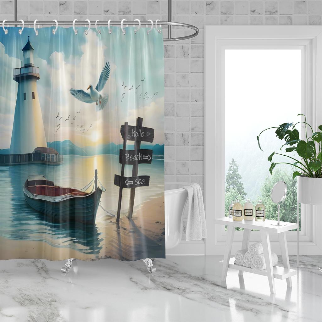 1 ks Vzor pobřežních lodí, majáků, racků tištěný sprchový závěs, vodotěsný, s 12 háčky, koupelnová sprcha, pro domácí použití