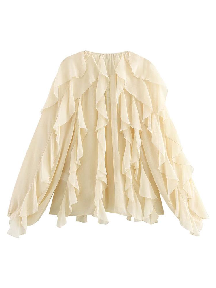 Spring Women's Bow Tie Layered French Lantern Sleeve Shirt