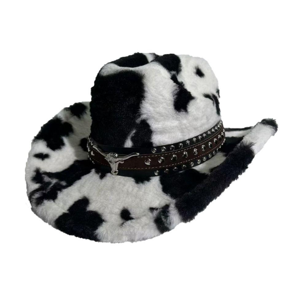 Chapeau de cowboy imprimé vache à sangle rivetée Chapeau de cowboy à large bord poilu Casquette de cowboy pelucheuse Chapeau western en peluche Saison Automne Hiver