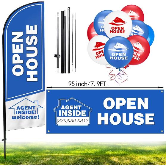 Open House Signs for Real Estate Agents, Open House Flag with Large Blue Open House Banner and Pole Kit, Outdoor Indoor Signs and 30 PCS 12 Inches