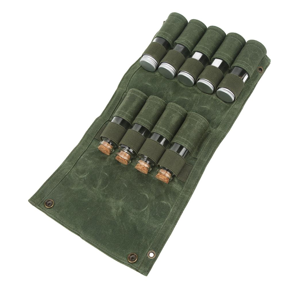 Seasoning Bottle Storage Bag Portable Camping Spice Kit with 9 Spice Jars for Outdoor Camping BBQ Picnic OD Green