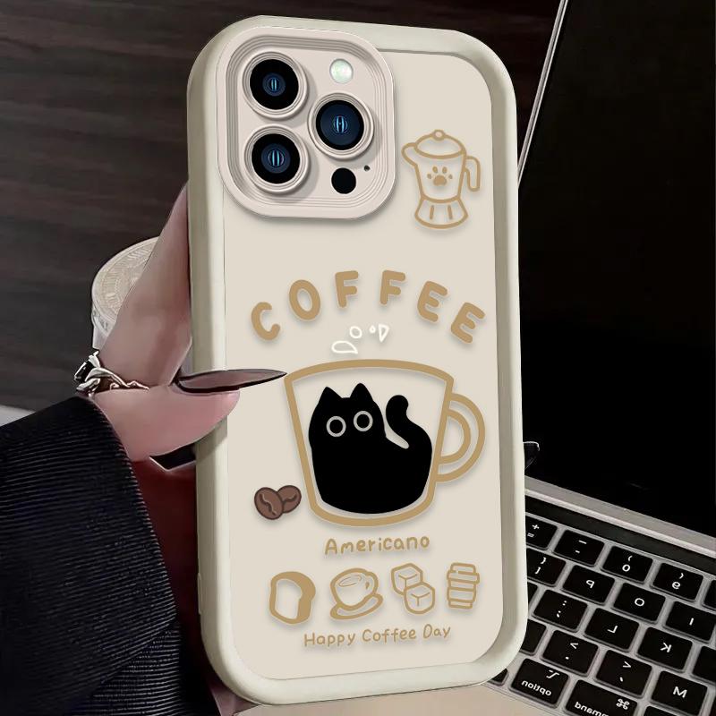 Lovely Funny Coffee Cat Phone Case for Samsung Galaxy A56 A55 A36 A35 A26 A25 A15 5G A24 A23 A22 A52 A71 A72 4G Cover