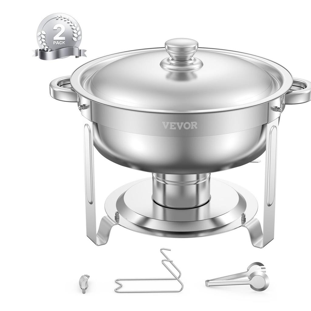 5 Qt 2 Pack Round Chafing Dish Buffet Set Full-Size Pan Stainless Steel