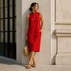 Women's Mandarin Collar Sleeveless Linen Blend Midi Dress Loose Fit Casual Straight Shirt Dress