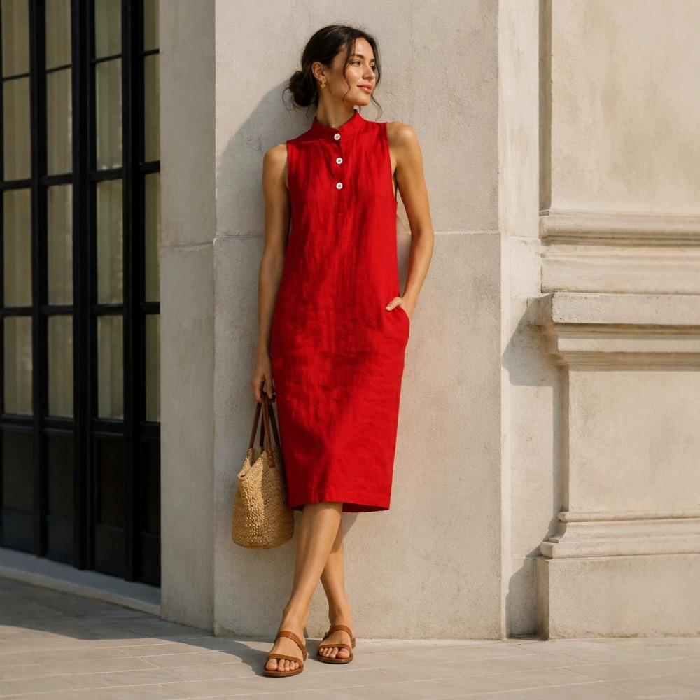 Women's Mandarin Collar Sleeveless Linen Blend Midi Dress Loose Fit Casual Straight Shirt Dress