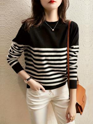 Gestreifter Langarm-Rundhals-Pullover für Damen, Lässiger vielseitiger Pullover