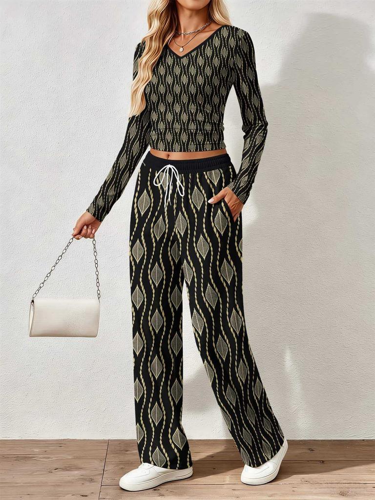 Spring and Autumn Ladies V-Neck Long Sleeve Pants Set Comfortable Casual Versatile Slim Two-piece Set