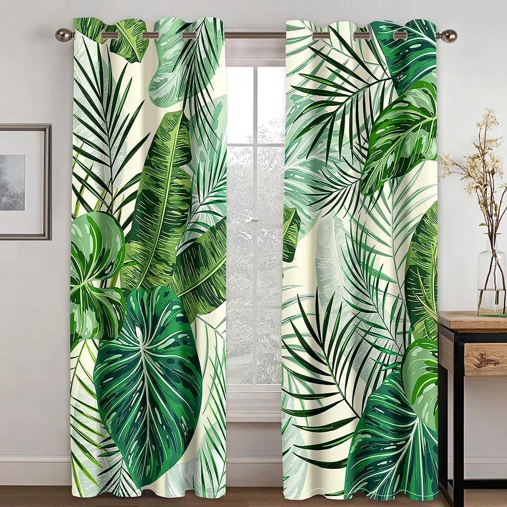 Custom European Elegant Green Leaves Luxury Curtains Tropical Leaves Pattern Window Curtains for Bedroom Living Room