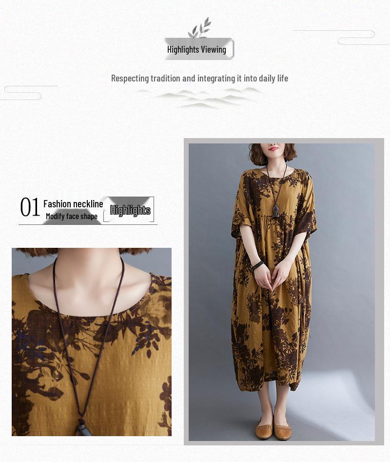 2021 Summer Retro Plus Size Round Neck Print Dress with Short Sleeves and Big Swing