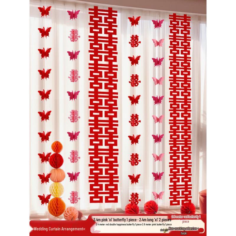 Wedding Room Decor Set: Double Happiness Curtains, Bay Window Trim, Bedroom Bows