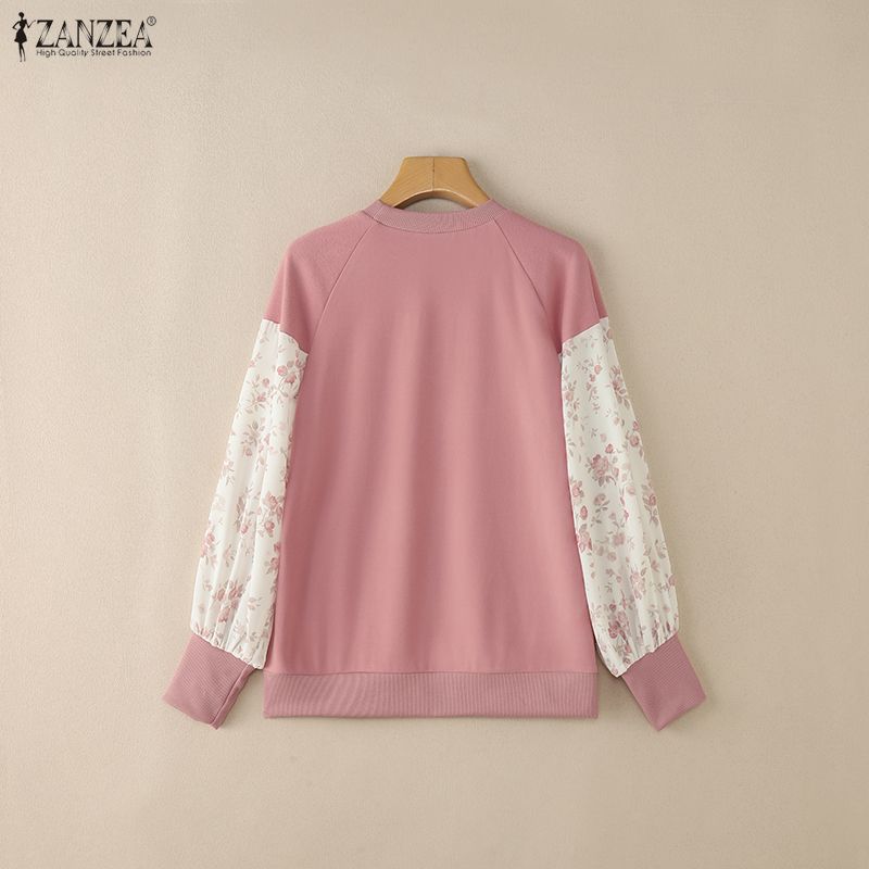ZANZEA Women Casual Round Neck Splice Long Sleeve Loose Blouse