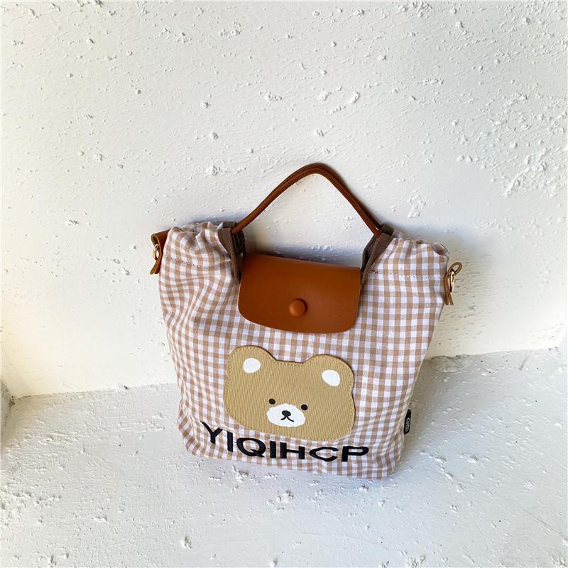 Adorable Kids Bear Pattern Gingham Tote Bag Stylish Springtime Crossbody For Girls