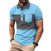 New men's casual POLO shirt pockets buttons long placket lapel striped matching colour splicing T-shirt tops