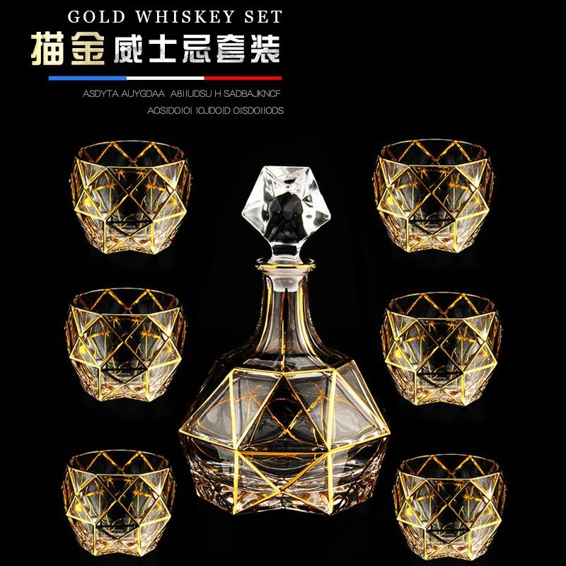 Gold Thread Crystal Glass Whisky Wine Set 7 Piece Luxury Drinking Cups for Home Bar