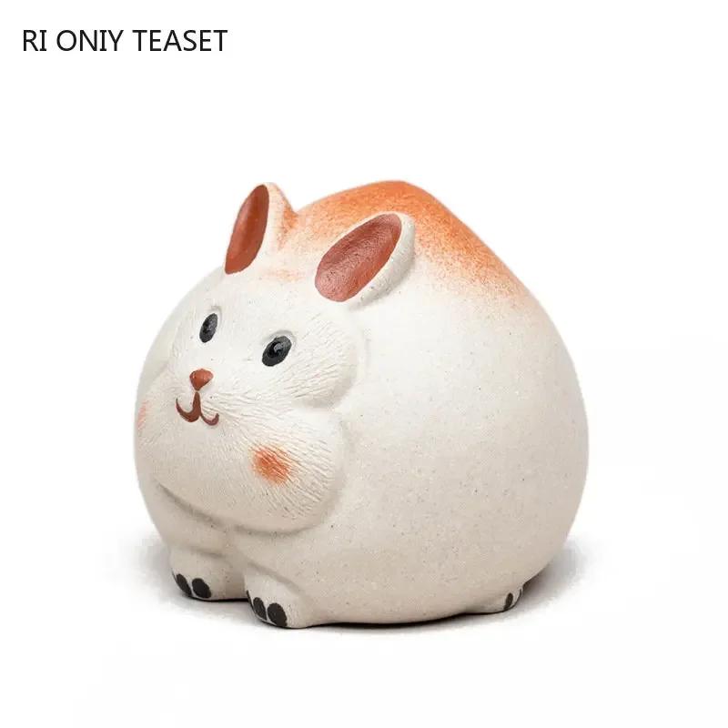Chinese Yixing Purple Clay Tea Pet Decor Lucky Rabbit Statue Peach Model Ornaments Handmade Tea Figurine Tea Set Decoration