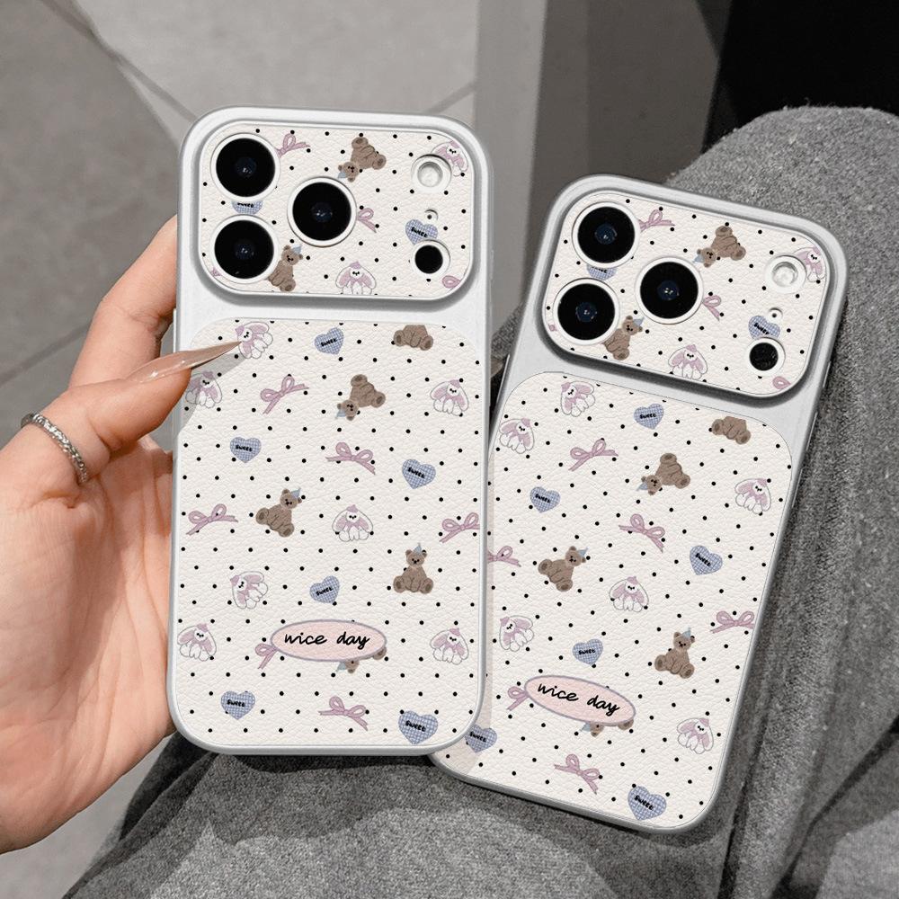 Ins Polka Dot Apricot Bear Is Suitable for Apple 17 Mobile Phone Case iPhone15promax All-inclusive 16 Leather Pattern Anti-drop.