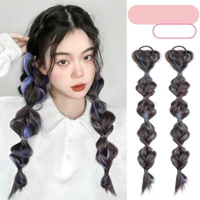 2 Peças/conjunto Rabo de Cavalo Sintético Enrolado Bolha Peruca de Alta Elasticidade Cabelo Feminino Lateral Peruca Lanterna Natural Trança Rabo Preto Aplique