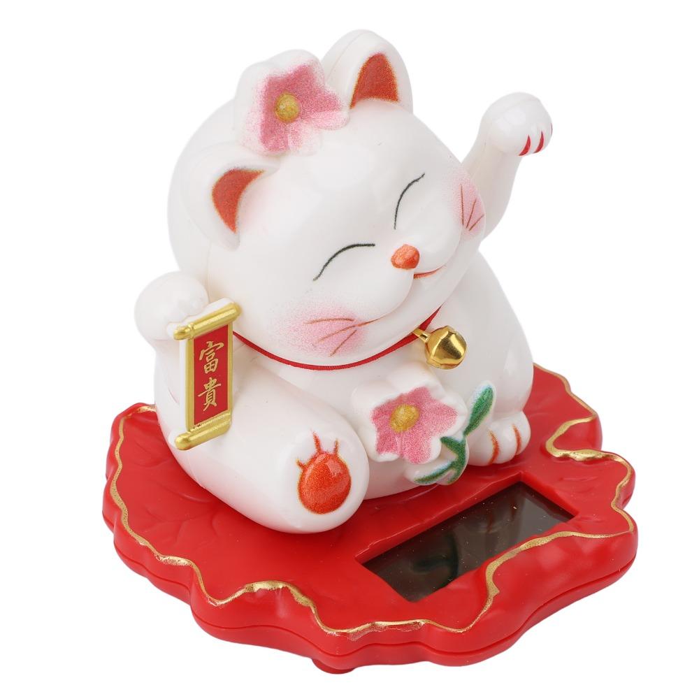 White Solar Waving Cat Ornament 3in Solar Feng Shui Cat Figurine  Living Room Tabletop Statue