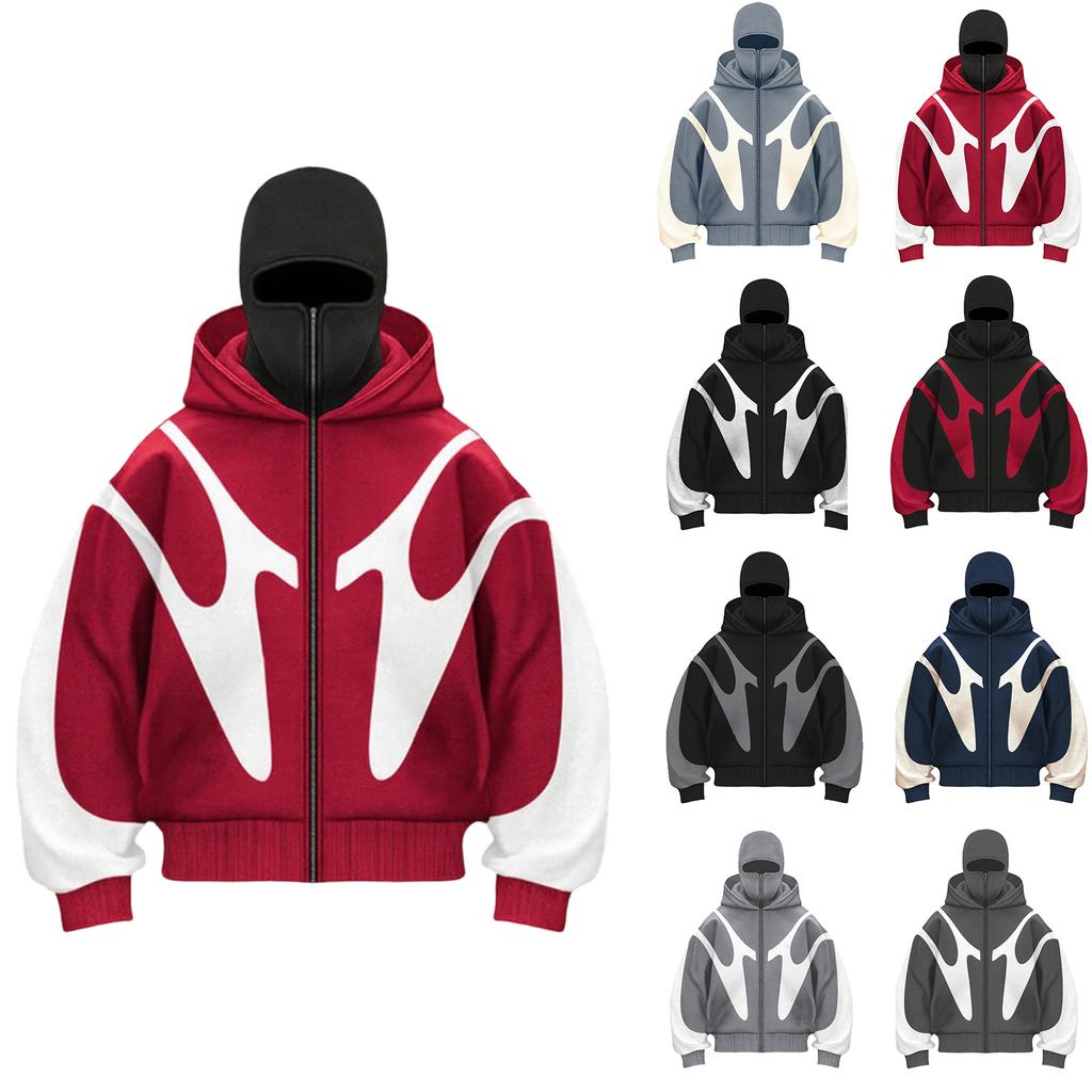 Men's Oversized Zip Up Hoodie Color Block Long Sleeve Hooded Sweatshirts Retro Jacket  Hoodie