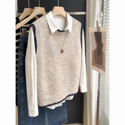Gray Knitted Sweater Women's Japanese Style Stacked Vest Short Round Neck Woolen Vest