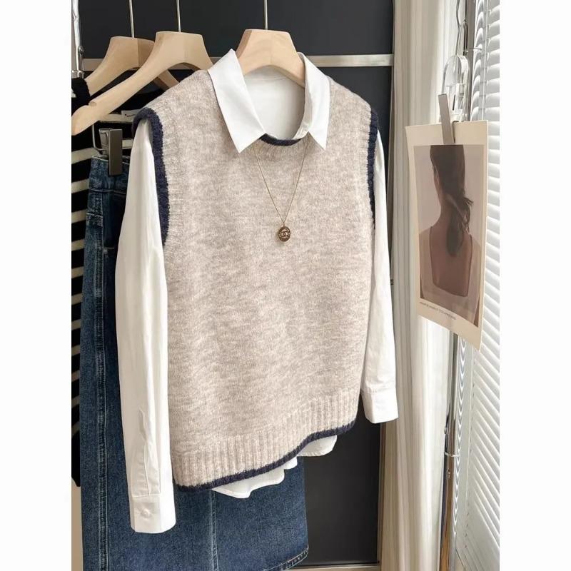 Gray Knitted Sweater Women's Japanese Style Stacked Vest Short Round Neck Woolen Vest
