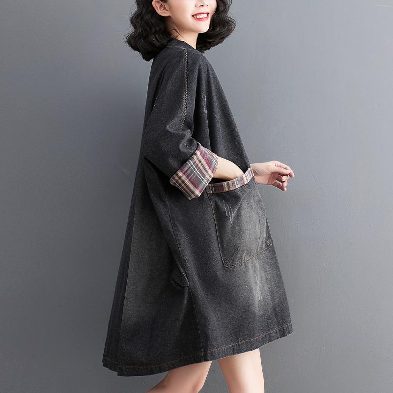 DIMANAF 2023 Podzimní košile Denim Coat Halenka Ležérní Košile s dlouhým rukávem Dámská košile Kostkovaná Volná Modrá Patchwork Vintage Dámské topy s výstřihem do V