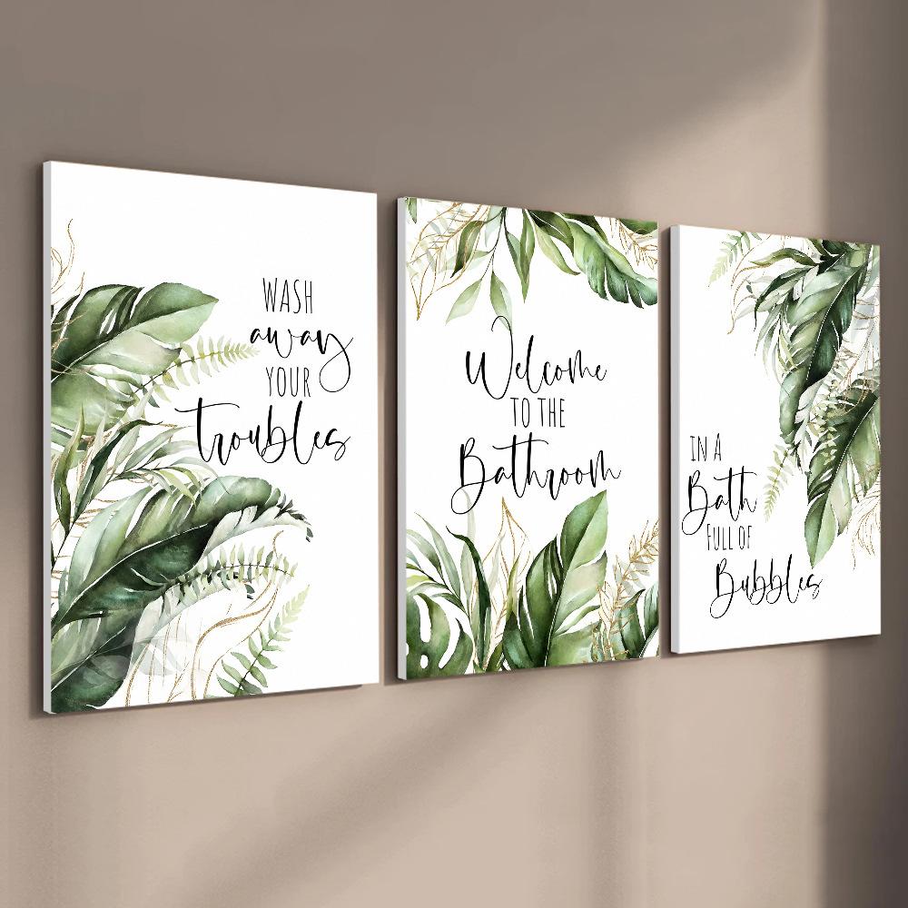 3pcs/set Green Color Plant Leaf Letter Art Oil Painting Canvas with Wood Frame Draw Wall Decor Home Decorations