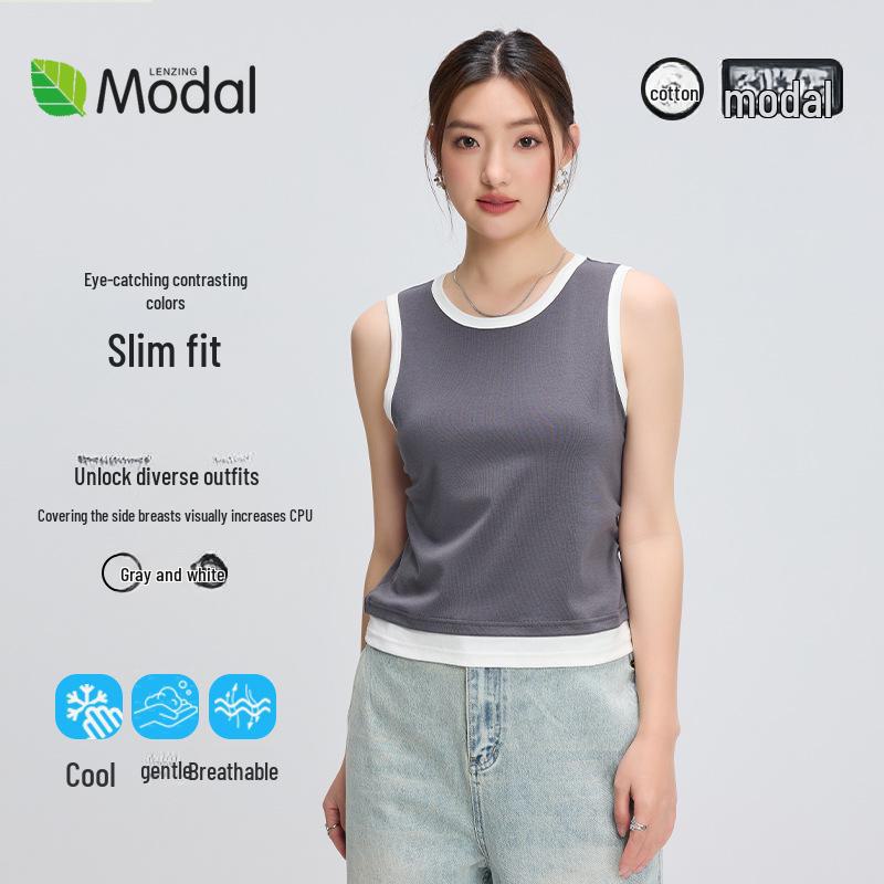 

Korean-Style Layered Women s Vest, Summer Two-Piece Look, Lanjing Mo Cotton, I-Shaped Fit