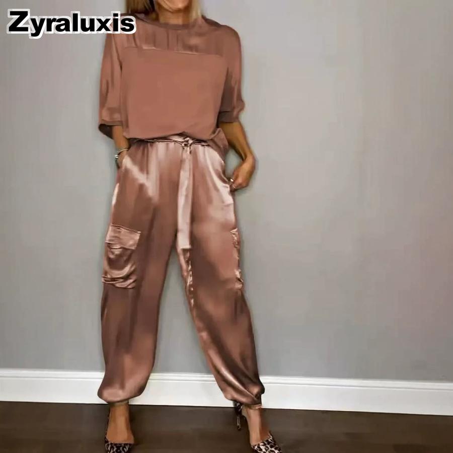 Women's Two Piece Set - Sleeveless Top & Pants, Solid Color Loose Casual Smooth Satin Pocketed Fashion Outfit