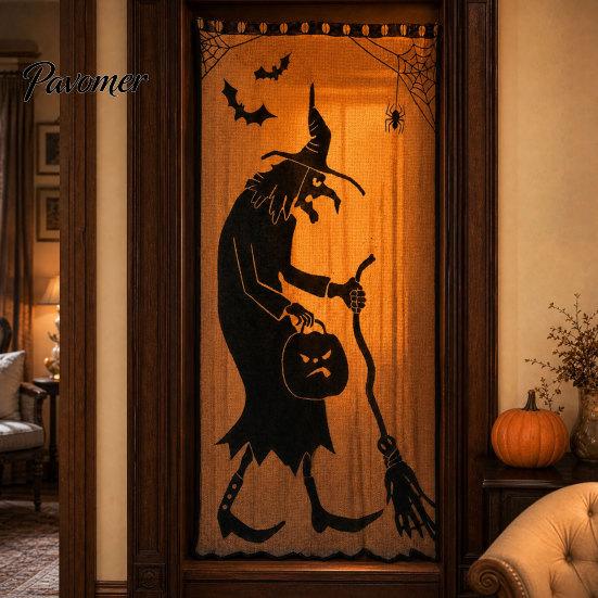 Dark Halloween Decorations Door Curtain, Lace Spider Web Fireplace Cover, Scary Skeleton Witch Sexy Table Cover Bat Print Window Drapes for