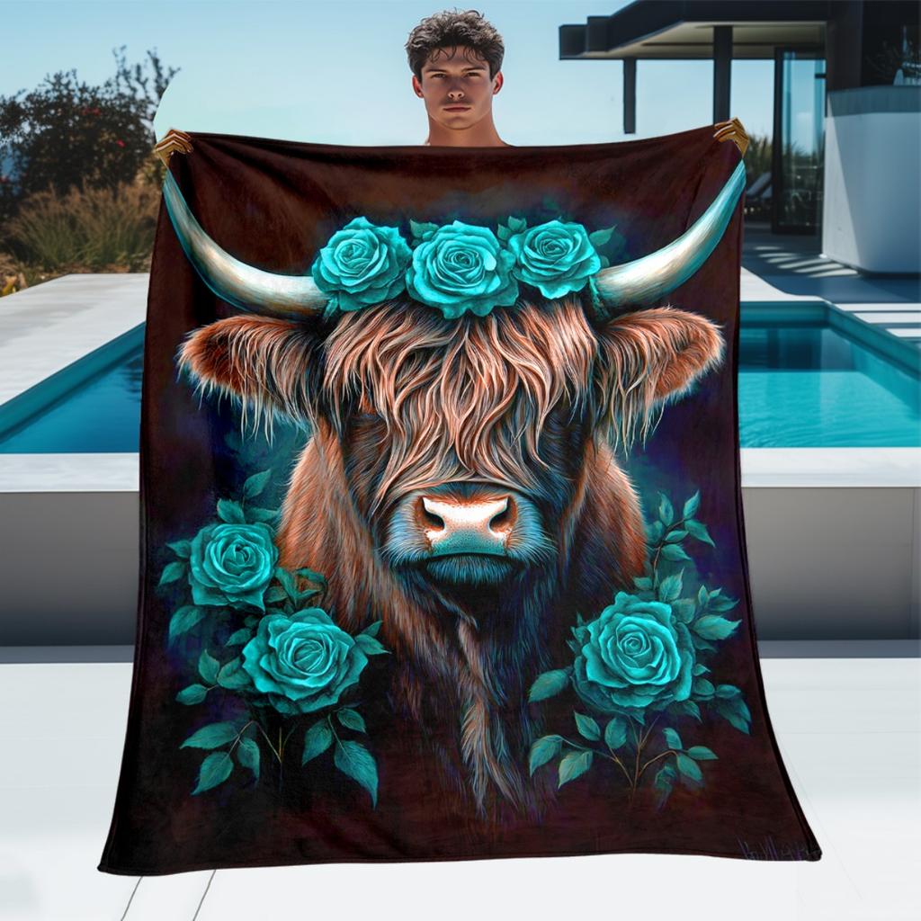 Custom Highland Cow Blanket Teal Rose Floral Design Name Fleece Throw All Season Soft Warm Bedding Home Decor Gift