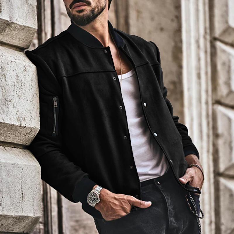 Suede Stand-Up Collar Men's Button Cardigan Jacket - Autumn/Winter Retro American Casual Outerwear