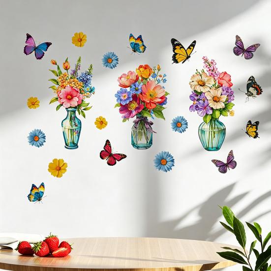3 Pcs Painted Vase and Butterflies Wall Stickers, Removable Self-Adhesive Flower Vase Wall Decor Wall Art, Waterproof Decals for Bedroom
