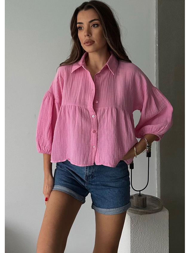 Ruitai 2025 Women s Cotton Single-Breasted French Lapel Shirt with Seven-Sleeves S розовый