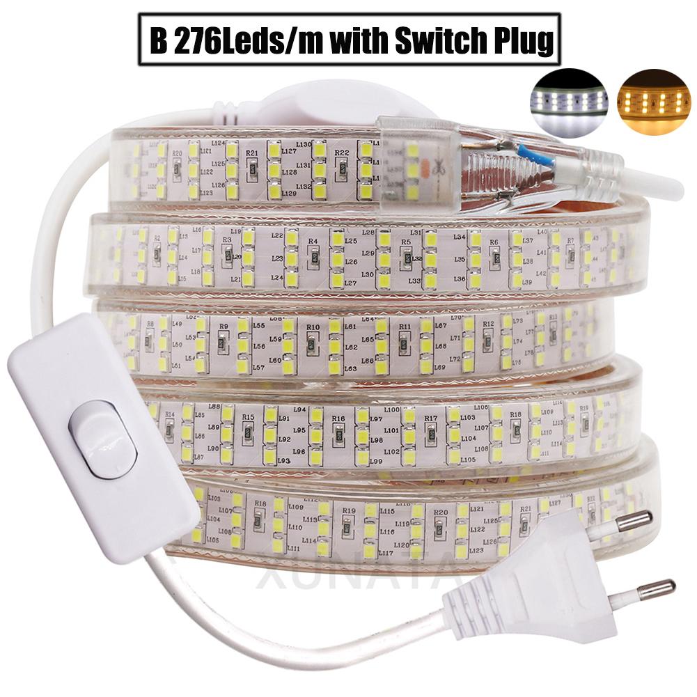 276Led/m Three Row LED Strip Light 220V 2835 Flexible LED Tape Waterproof Ribbon with EU Switch Plug for Home Holiday Decoration