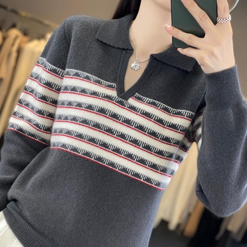 Lapel Contrasting Air Layer Cardigan for Women In Autumn and Winter New Loose and Versatile Cashmere Knitted Sweater Warm Base Shirt