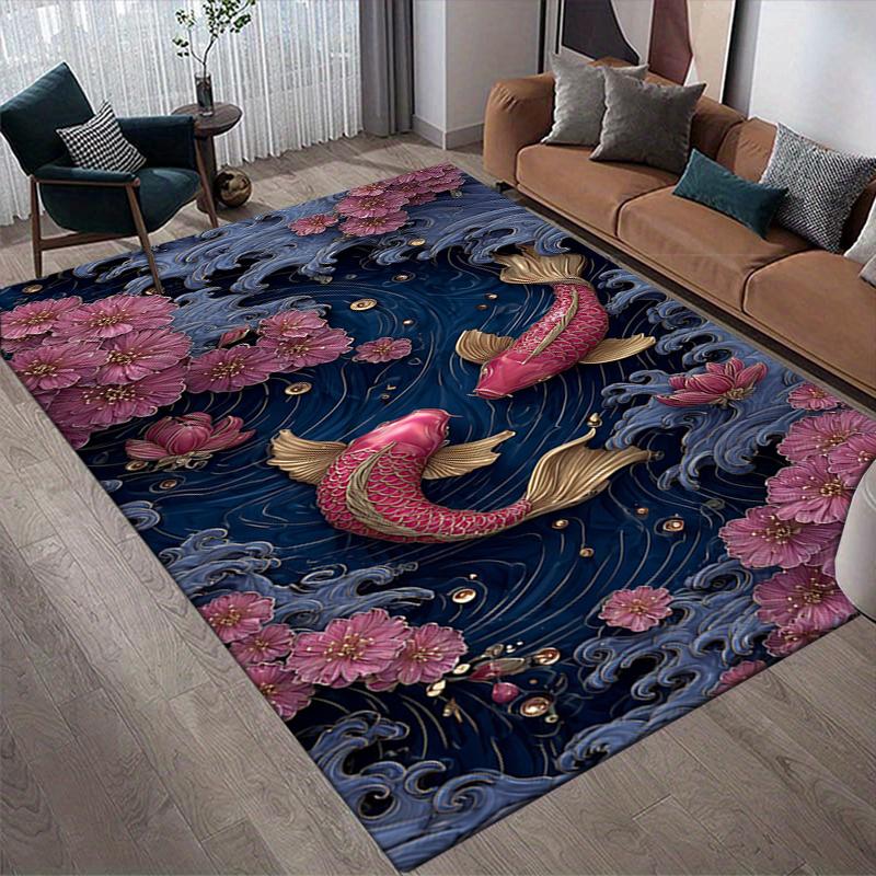 Koi Fish Pond Style Crystal Velvet Rug, Soft Anti‑Slip Crystal Velvet Carpet for Living Room Bedroom Home Decor