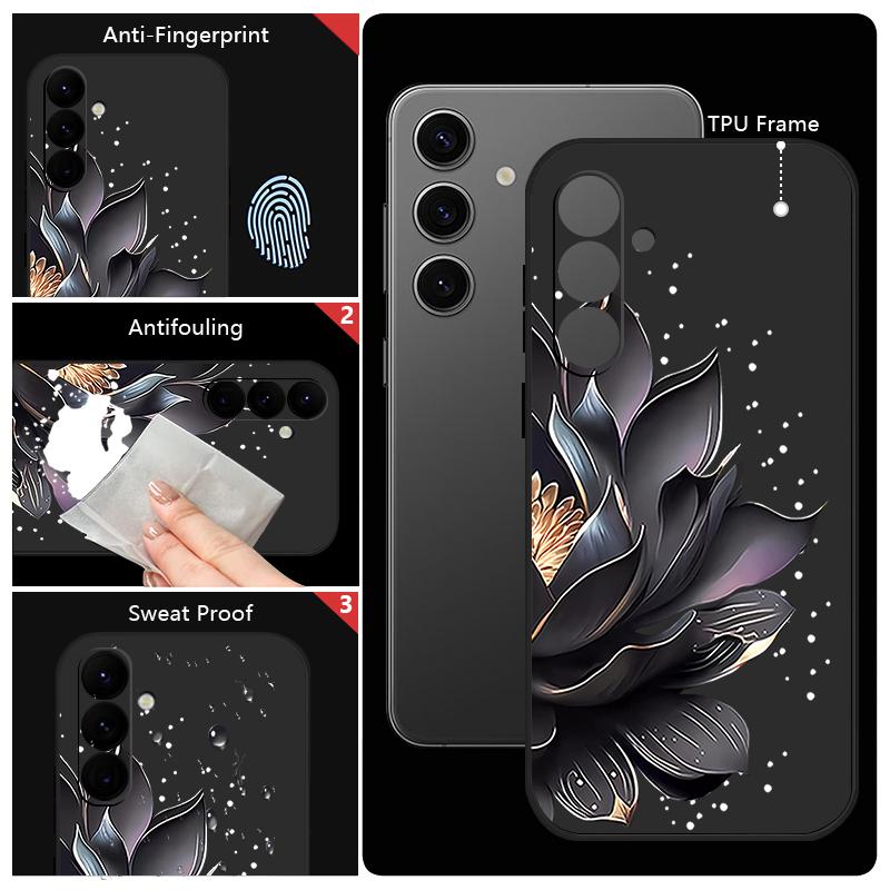 Black Flowers Printing Lanyard Case For Samsung Galaxy S25 Ultra S24 S23 S22 Plus S21 FE A15 A16 A35 A36 A54 A55 A56 5G Capa Coque