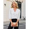 Womens Ruffled V Neck Three Quarter Sleeve Polka Dot Chiffon Blouse