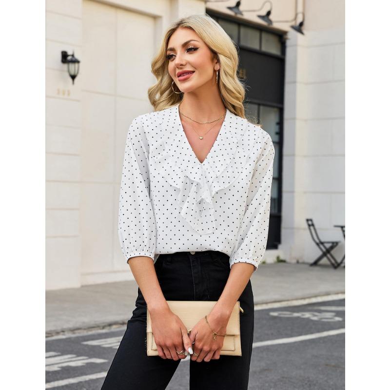 Womens Ruffled V Neck Three Quarter Sleeve Polka Dot Chiffon Blouse