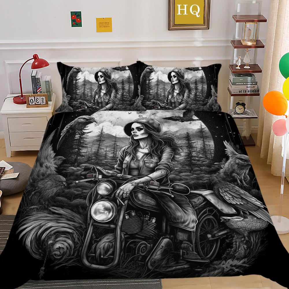 3D Dark Beauty Motorcycle Printed Bedding Set Beauty Skull Head Duvet Cover 2/3 Pieces AU180 * 210 Super Big Bed Room Quick Drying Home Decoration