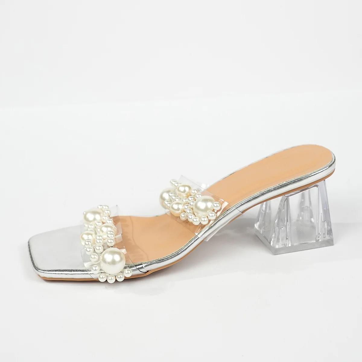 

PVC Pearls Women Slippers High Heels Transparent Square Toe Sandalias De Mujer Summer Elegant Flip Flops Woman Party Dress Pumps 35 золотий