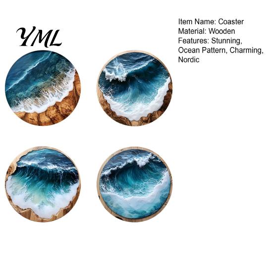 Classroom Desk Decorative Pads 4 Pcs Wooden Coasters, Ocean Wave Design Heat Resistant Round Unique Cup Mats Drink Coaster for Coffee Shop,
