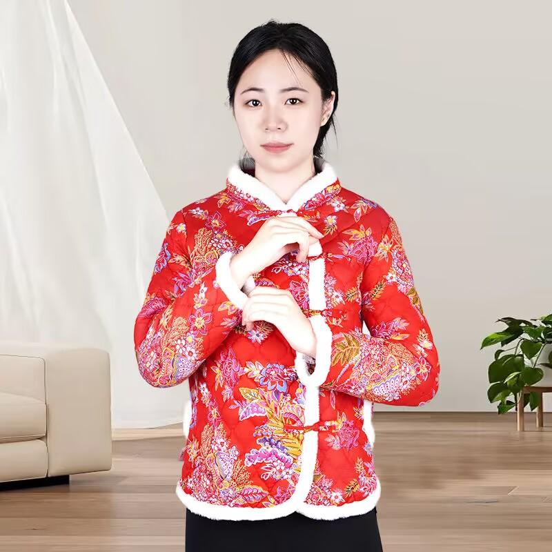 Spring Autumn and Winter Women Plus Size Padded Thin Tunic Warm Short Jacket Collar Loose Comfortable Hair Collar Crushed Flower Tang Clothing Tunic