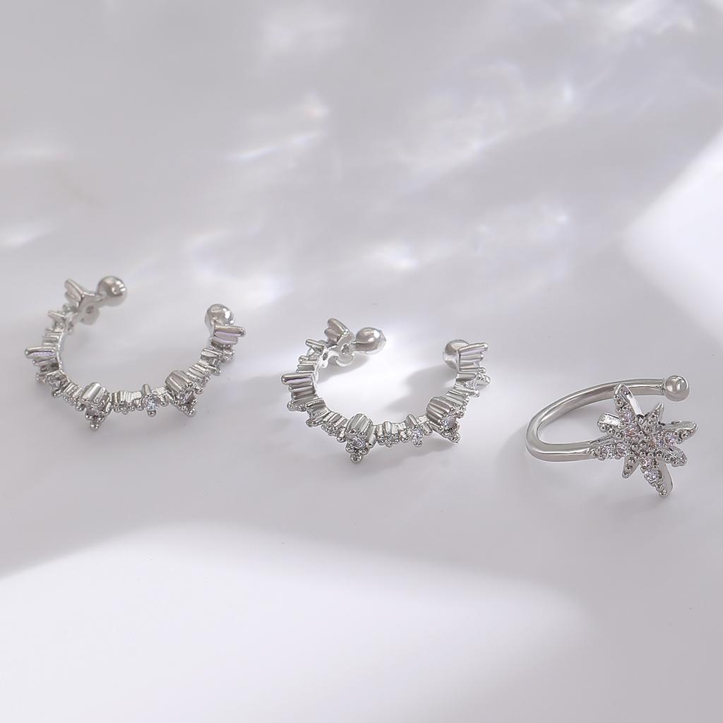 2026 New zircon octagram three-piece set of ear clips, no ear piercings, mango super flash set, ear bone clips and earrings.